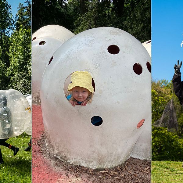 Personer som spelar bubbleball., ett barn som lekar i en äggliknande hydda och bild på Sommarskuggan,