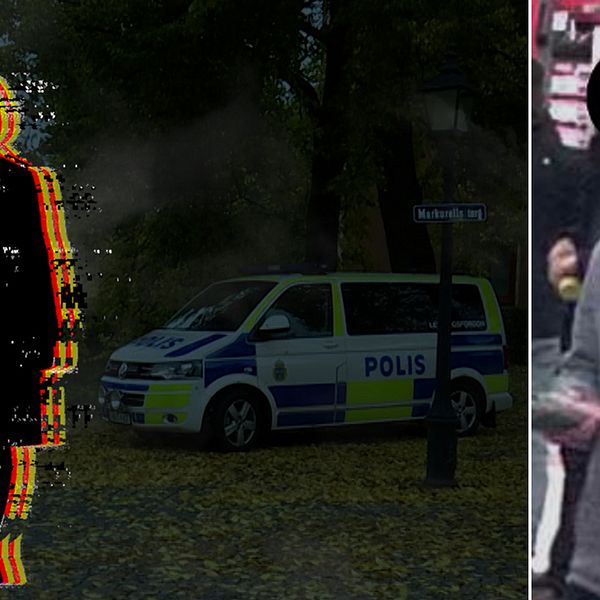 Bild på silhuett föreställda en äldre kvinna framför ett polisfordon, på marken gula höstlöv –  man med grå tröja