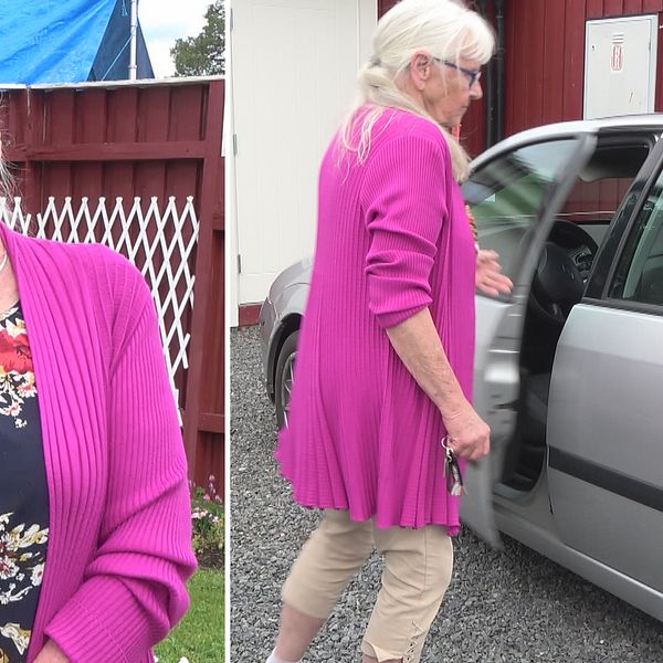 porträttbild på en äldre kvinna, samt bild där hon slår igen dörren till sin bil på uppfarten