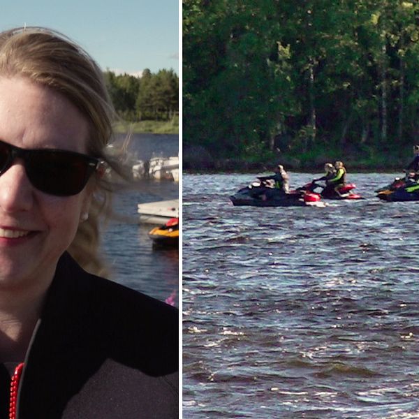 två bilder: en leende kvinna med solglasögon, bryggor i bakgrunden, samt flera personer på vattenskotrar ute på vattnet