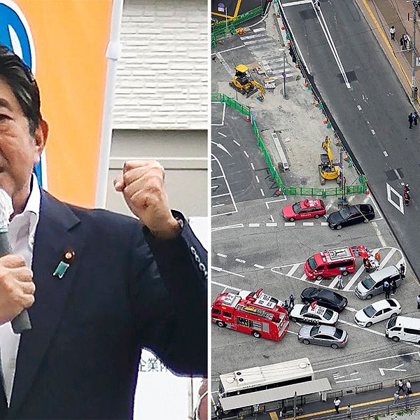 Shinzo Abe strax innan han blev skjuten / översiktsbild över räddningspådraget utanför tågstationen i Nara, västra Japan.
