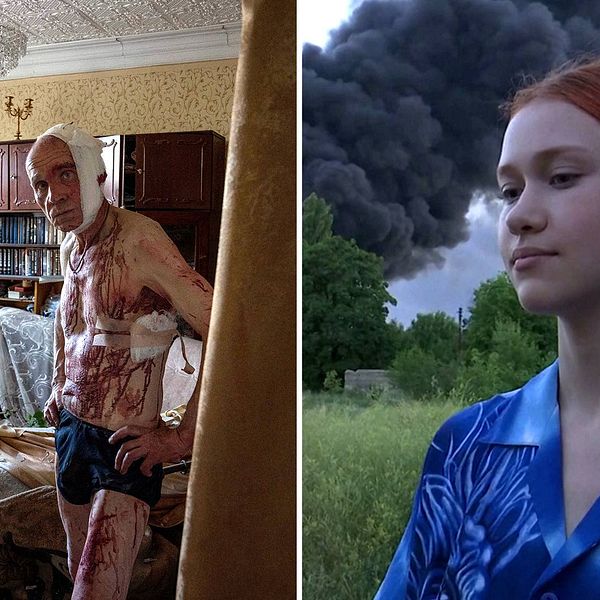 En 66-årig Vladimir från Kramatorsk i blod, skadad i en flygattack. Diana Starkova från Donetsk framför ett brinnande hus.