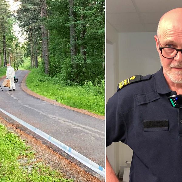 två poliser på brottsplatsen, samt bild på Persson – medelålders man med glasögon, i poliskläder