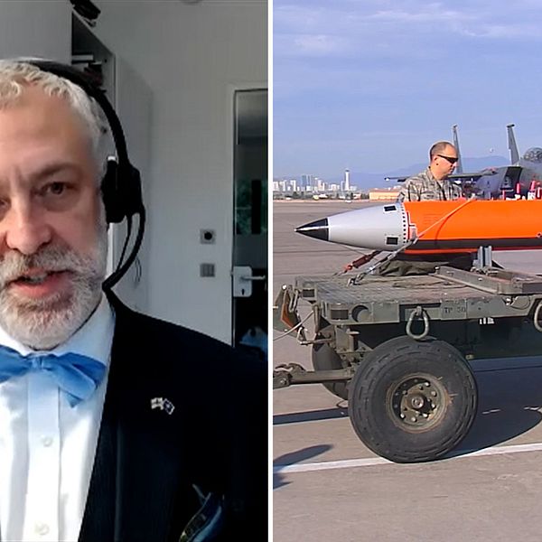 Tvådelad bild. Vänster: man med headset. Höger: personal lastar orange missil på flygplats.