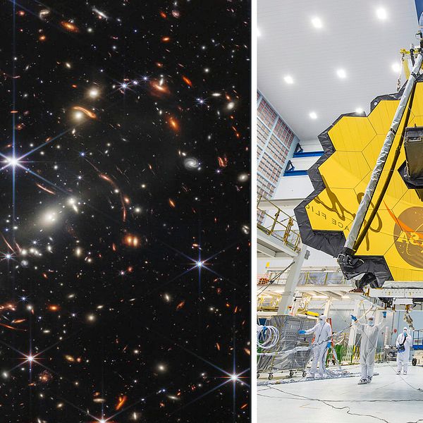 Den djupaste bilden av universum bredvid en bild på rymdteleskopet James Webb.