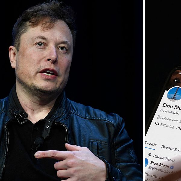 Elon Musk. en telefon med Elon Musks twitterkonto uppe.