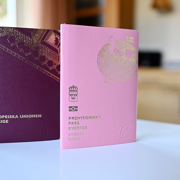 Ett vinrött pass står bredvid ett rosa provisoriskt pass.
