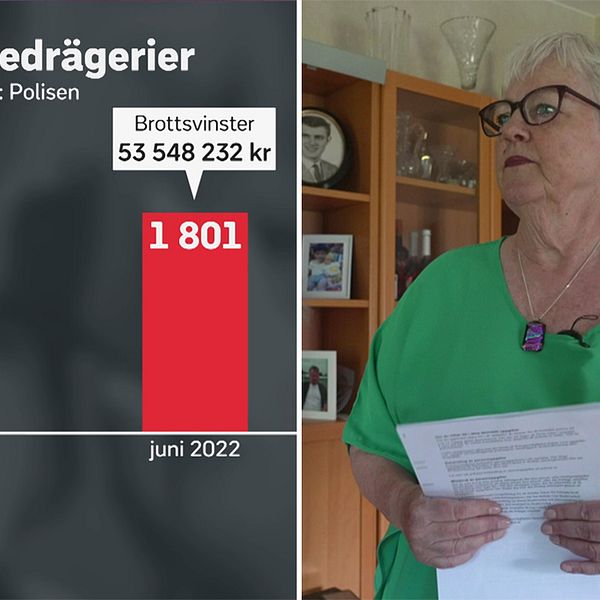 Grafik över brottsvinster i telefonbedrägerier och Ingrid Torstensson som förlorat 11 000 kronor.