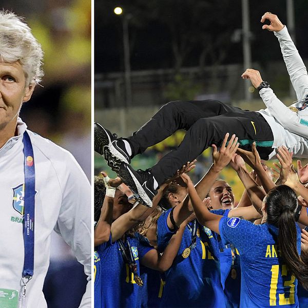 Förbundskapten Pia Sundhage hyllas av spelarna efter segern i Copa America