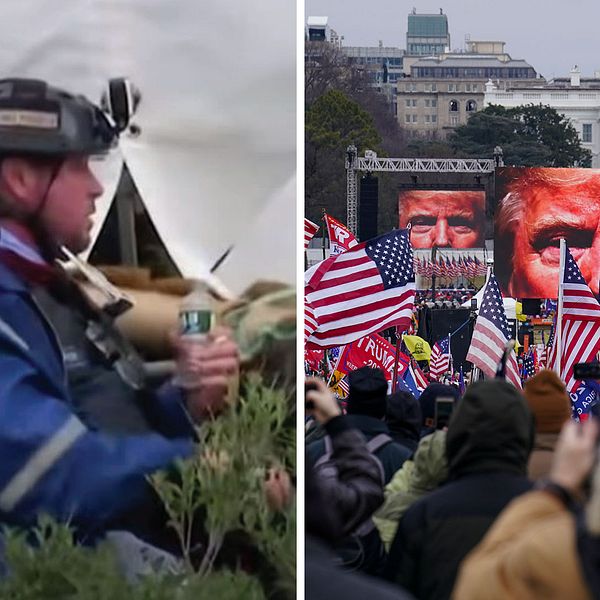 Guy Reffitt, till vänster, var en av flera hundra som deltog i stormningen av Capitoleum den 6 januari 2021. Till höger ser man en bild på en folkmassa från upploppet.
