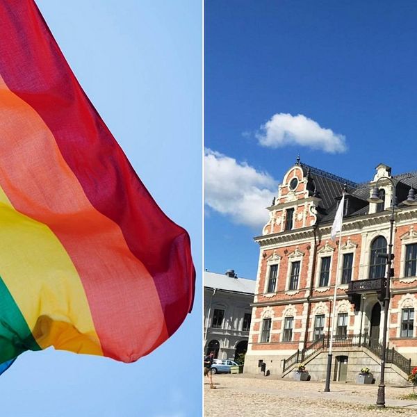 Tvådelad bild. Prideflagga med ränder mot en klar himmel. Överblicksbild över stadshuset på torget med klar himmel i bakgrunden.