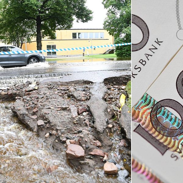 Tvådelad bild. En bil kör med vatten upp över däcken vid en raserad gångväg. Bild på 1000-kornorssedel med texten ”Sveriges riksbank”.