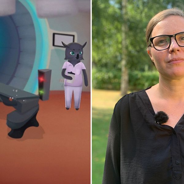 Till vänster är en animerad sjukhussal och till höger står en medelålders mörkhårig kvinna framför ett par träd.
