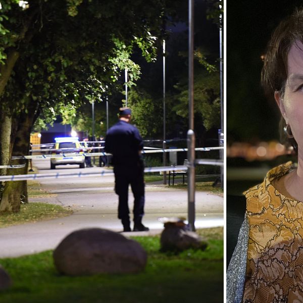 Bilden är delad i två. Den vänstra är en bild på en polis, polisbil och polisavspärringar i Årby i Eskilstuna. Den högra är en porträttbild på Maria Chergui, gruppledare för Vänsterpartiet Eskilstuna.
