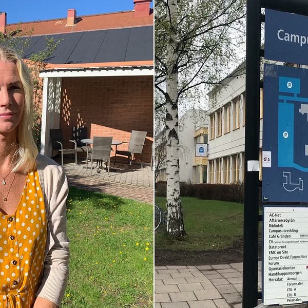 Bilden är ett montage av två bilder. Bilden till vänster visar Anna Ersson, kund och marknadschef Skebo. Bilden till höger visar campus Skellefteås skylt.