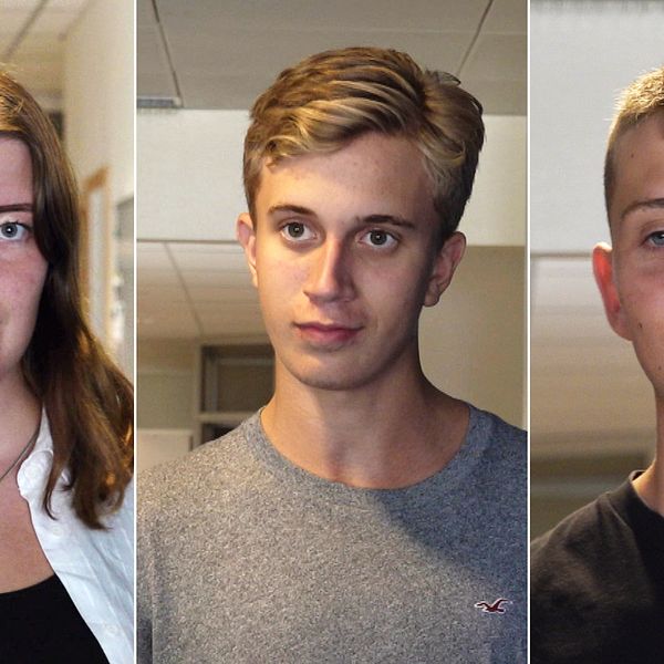 Tredelad bild på tre gymnasieelever från Vilhelm Moberggymnasiet i Emmaboda. Det är en tjej och två killar som alla ska rösta för första gången i årets val.