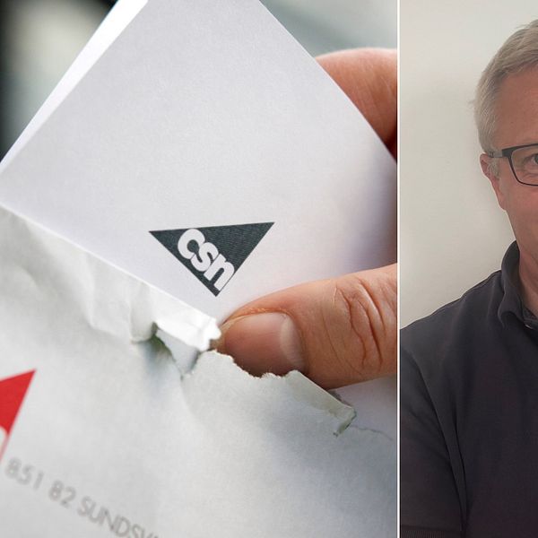 Bilden är delad i två. Den vänstra bilden är en bild på ett kuvert och ett brev från CSN, i bilden skymtar en tumme som håller i brevet. Den högra bilden är en bild på Carl-Johan Stolt som arbetar som utredare på CSN.