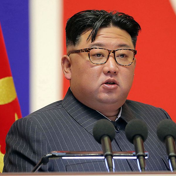 Nordkoreas ledare Kim Jong Un sitter framför en nordkoreansk flagga och flera mikrofoner och håller tal.