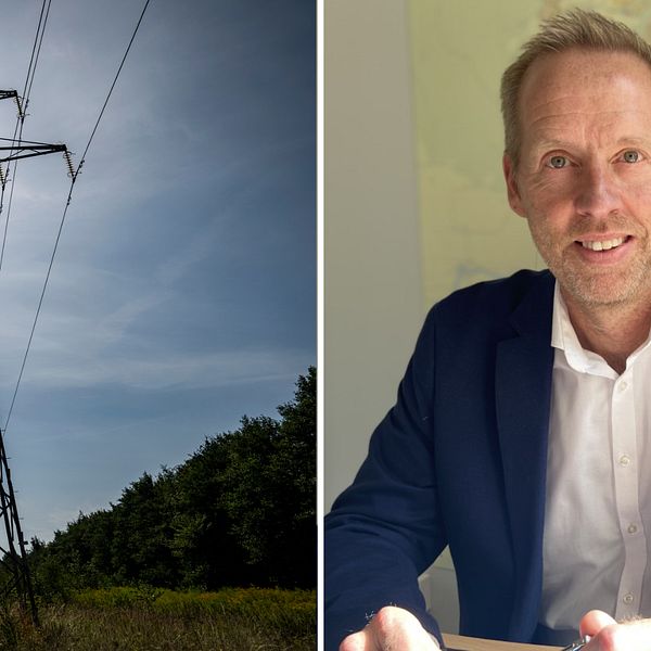 Till vänster en bild på en kraftledning. Till höger en bild på Örebros kommundirektör Peter Larsson.