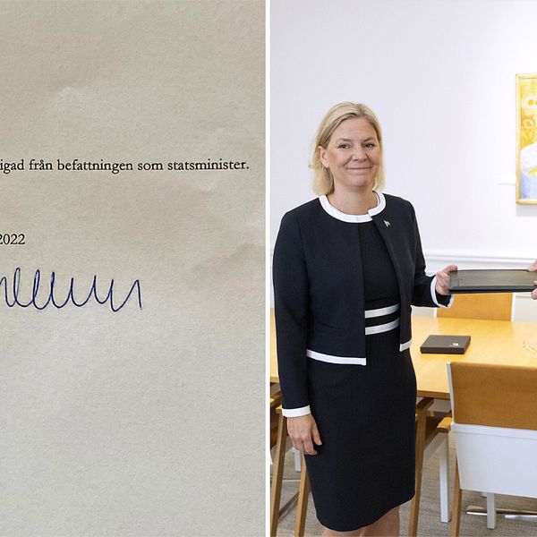 Här lämnar statsminister Magdalena Andersson (S) in sin avgångsansökan till talmannen.