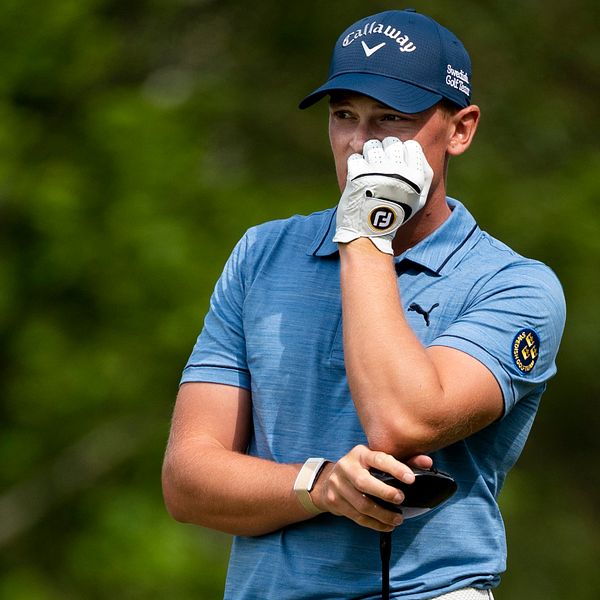 Vincent Norrman, Sverige, under andra rundan i golftävlingen Scandinavian mixed på Vallda Golf and Country Club utanför Göteborg 2021.