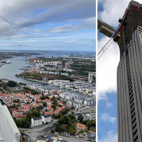 Tvådelad bild: Utsikt över delar av Göteborg från Karlatornet och Karlatornet under bygget.