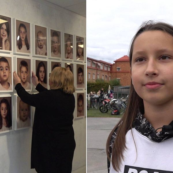 Till vänster hänger många porträtt av barn på en vägg, en person rättar till en av tavlorna. Till höger Alisa Pavelko, där hon står framför sin skola.