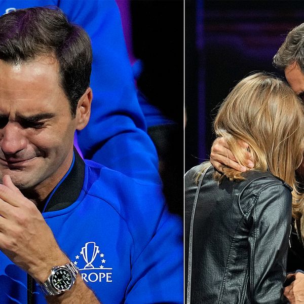 Roger Federer brast ut i gråt och kramade om familjen efter sitt avsked till proffstennisen i natt.