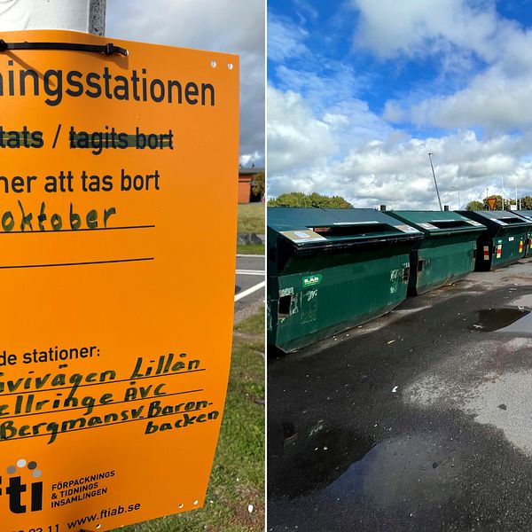 Två bilder – 1. Orange skylt med texten ”Återvinningsstationen kommer att tas bort 3 oktober” 2. Bild på containrar för återvinning, med asfaltsplan framför och blå himmel med vita, fluffiga moln bakom.