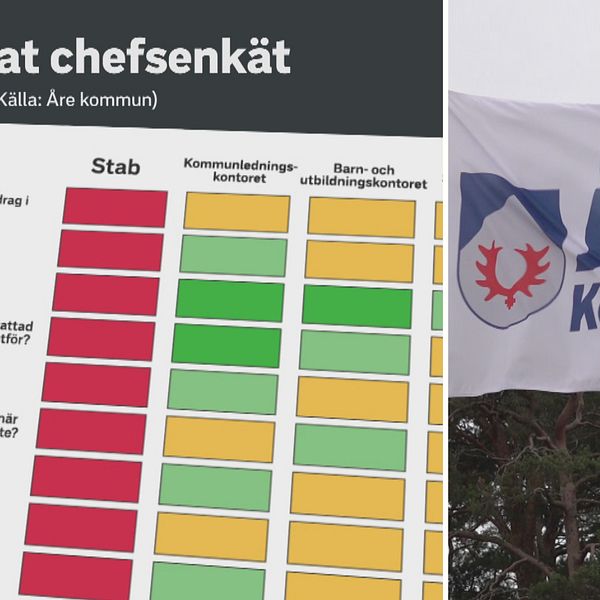 En enkät med flera olika frågor och färgkoder som visar medarbetarnas svar. Kommunchefen får enbart röda fält. Till höger en Åre kommun-flagga.