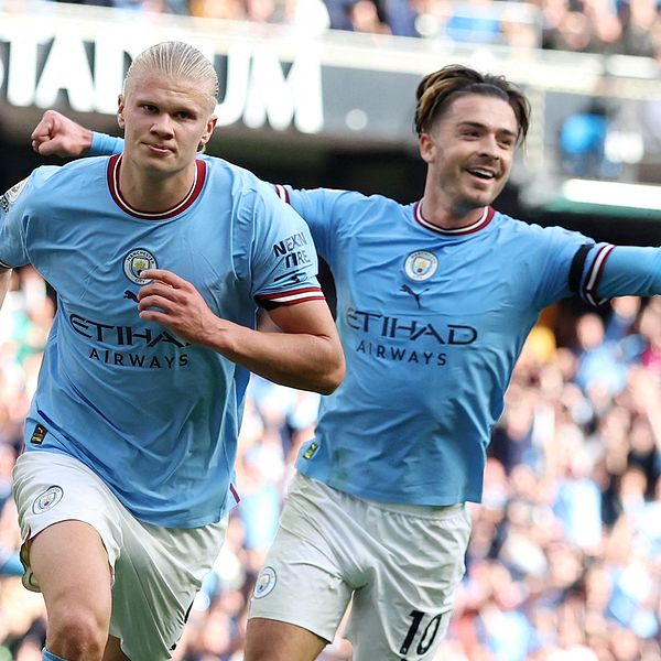 Manchester Citys Erling Braut Haaland firar sitt derbyhattrick mot United.