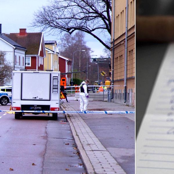 Tvådelad bild. Polisavspärrningar och flera uniformerade poliser på gatan utomhus i Gävle. Händer som håller i ett papper med handskriven text på.
