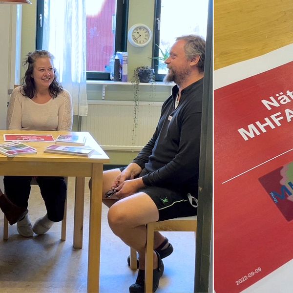 Delad bild – till vänster tre personer som sitter vid ett bord. Till höger en bild på ett rött papper från en utbildning i psykisk ohälsa.