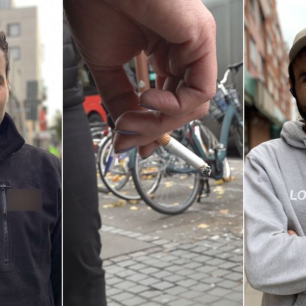 Tre olika bilder. Två bilder på två unga män. En bild på en person som håller en tänd cigarett i handen.