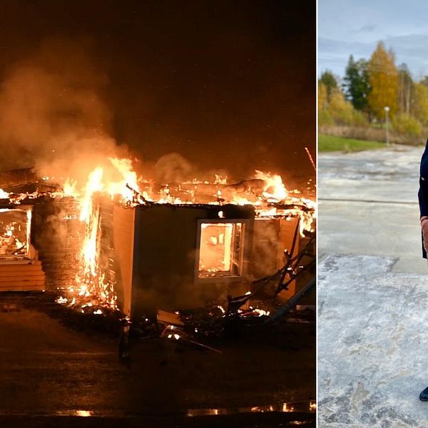 En radhuslänga i full brand på bild till höger. På bild till vänster en kvinna står på radhuslängans bottenplatta.