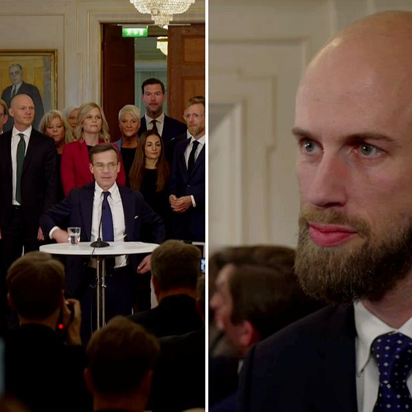 en man utan hår som har ganska rosa läppar samt en uppställning av de 24 nya ministrarna – som presenterades i Stockholm, med statsminister Ulf Kristersson i täten.