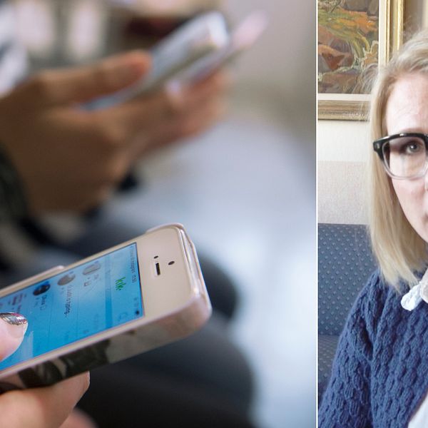 närbild på ungdomars händer som håller på med mobiltelefoner, samt rektor Victoria Hvirfvel – en blond kvinna med glasögon och kofta