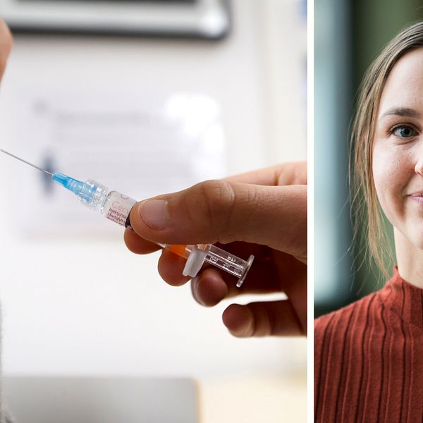 En bild på en vaccinspruta och en till bild med en leende kvinna.