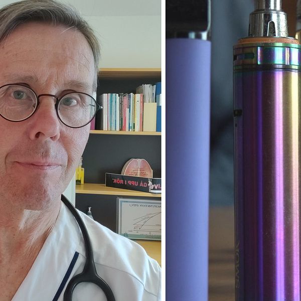Till vänster: Porträttbild på lungläkaren Matz Larsson, står i läkarrrock inomhus. Till höger: Närbild på olika e-cigaretter, även kallade vapes.