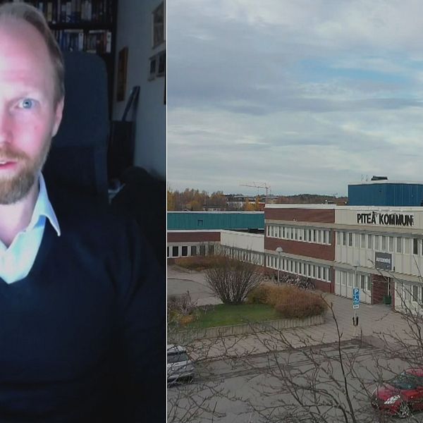 Till vänster: Porträttbild inomhus där finansläraren Peter Lindberg sitter i en kontorsstol och tittar in i kameran medan han förklarar varför fastighetsaffären mellan Lindbäcks Bygg och Piteå kommun är en laglig form av skatteplanering.