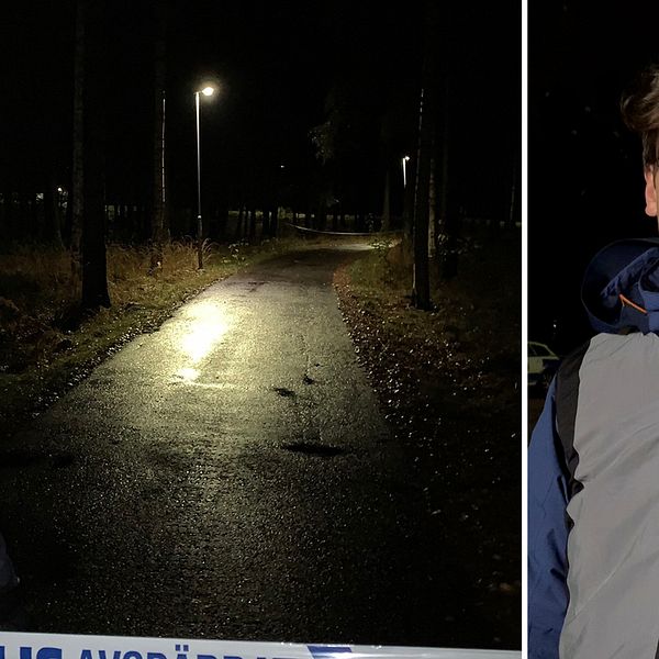 en polis vid en mörk cykelbana, samt reportern Stefan Larsson – en ung man med glasögon