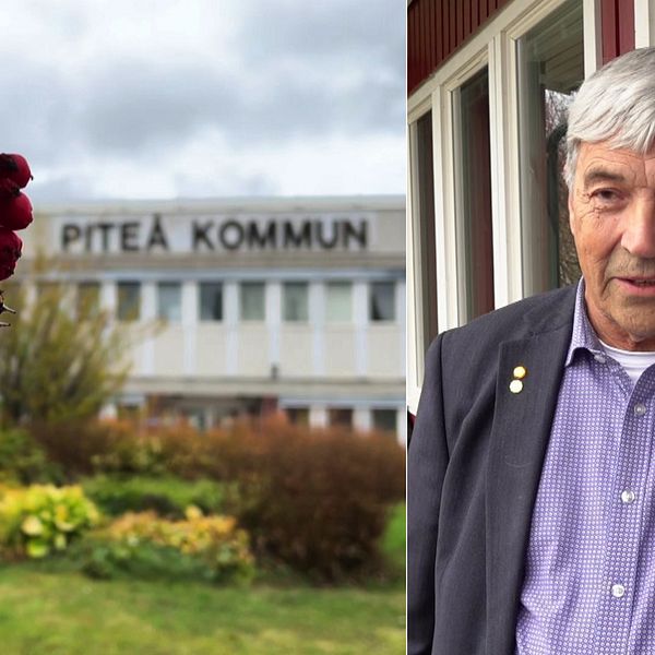Två bilder: Till vänster: Rönnbär i förgrunden och kommunhuset i Piteå i bakgrunden. Till höger: Johnny Åström (Sjukvårdspartiet), står framför ett hus och berättar om varför han anser att det var fel av Piteå kommun att köpa Lindbäcks Byggs fabrik i Öjebyn. Han har på sig en kavaj och en lila skjorta.