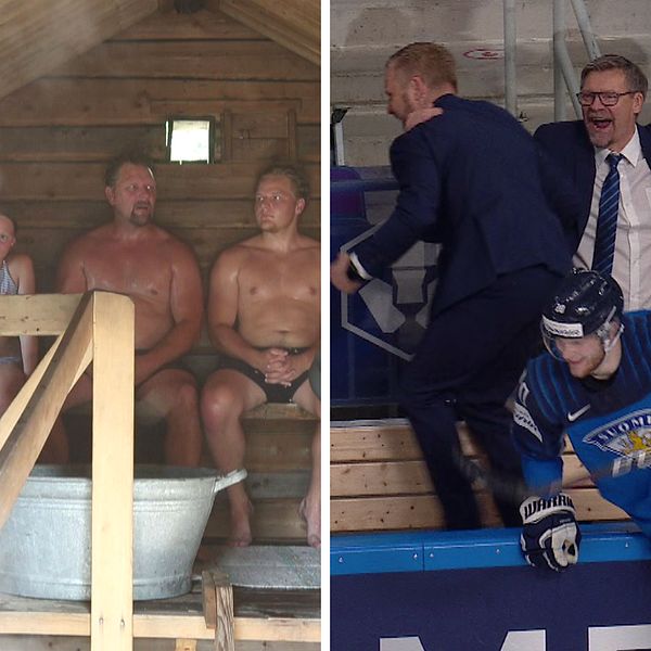 Bastubadare och finska hockeylandslaget firar ett mål