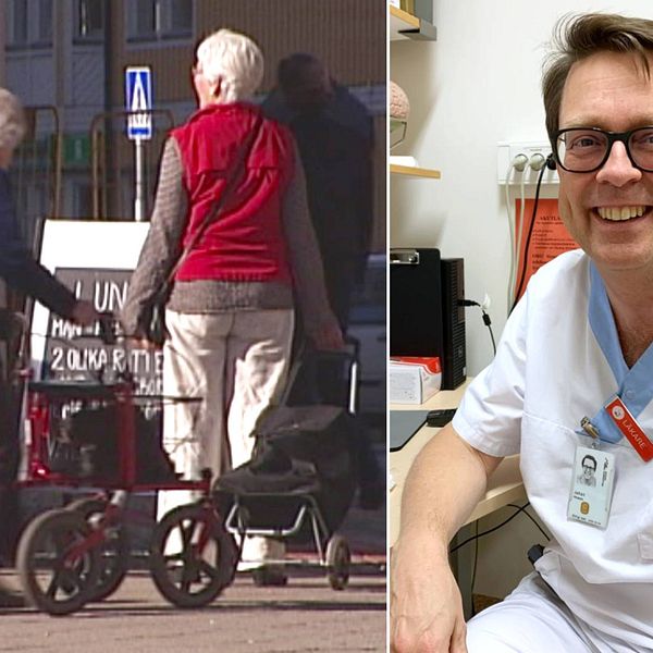 Till vänster: Genrebild på äldre personer som går på gata, fotograferade bakifrån. Till höger: Bild på överläkare Johan Niklasson på Sunderby sjukhus i Norrbotten, han har på sig läkarkläder och sitter på sin kontorsstol och ler när han förklarar vad livsgnista är för något.