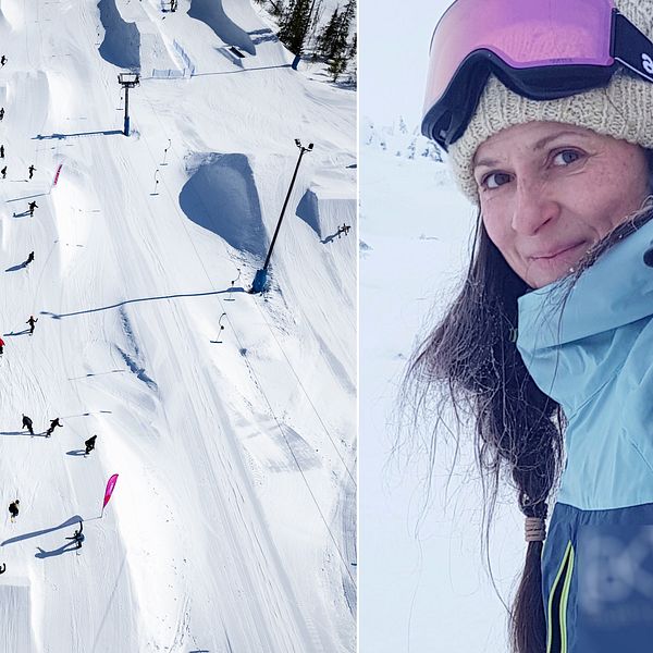 Till vänster: Bild på snowbordpark i backe fotograferad ovanifrån, som en drönarbild. Till höger: Bild på Marina Minetti som har på sig snowboardklöder och skidglasögon.