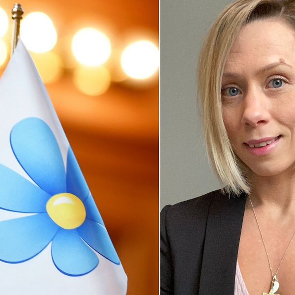 Tvådelad bild med en sd-flagga samt Rebecca Ädel.