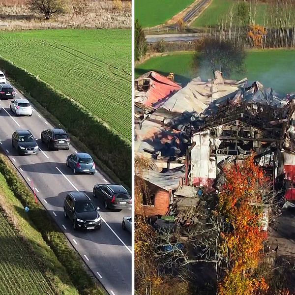 Bilar som snigelkör på omvägar. Den nedbrända industribyggnaden.