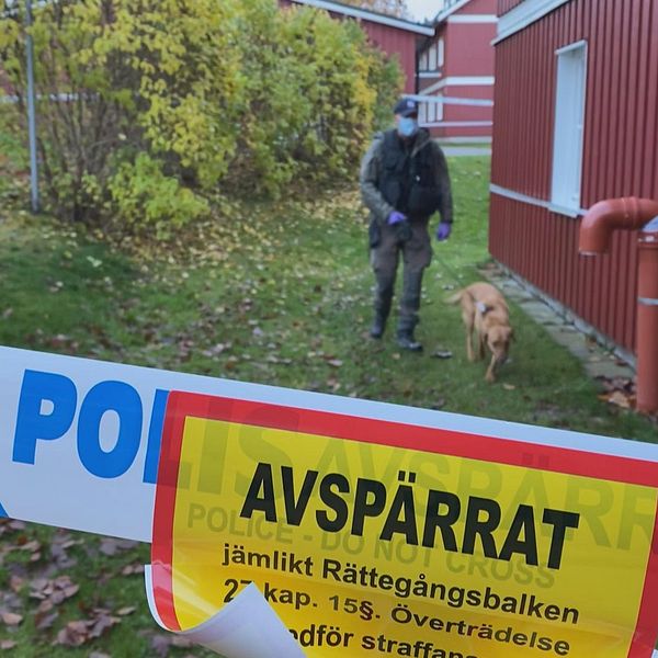 Avspärrning i området Bojsenburg i Falun, och en hudn och hundförare är i bakgrunden.