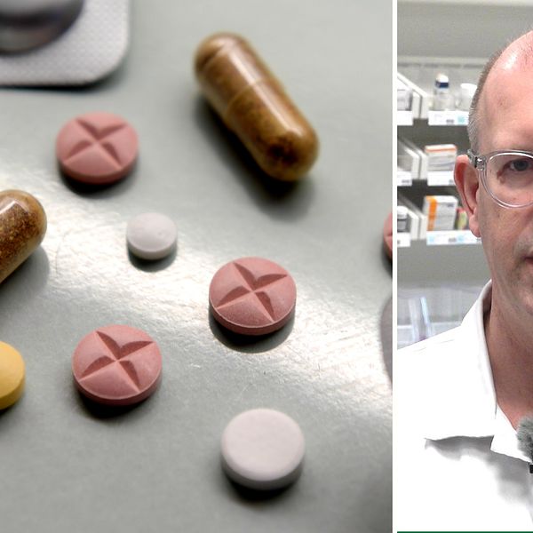En bild på piller utströdda på ett bord och en bild på Jonas Lind.
