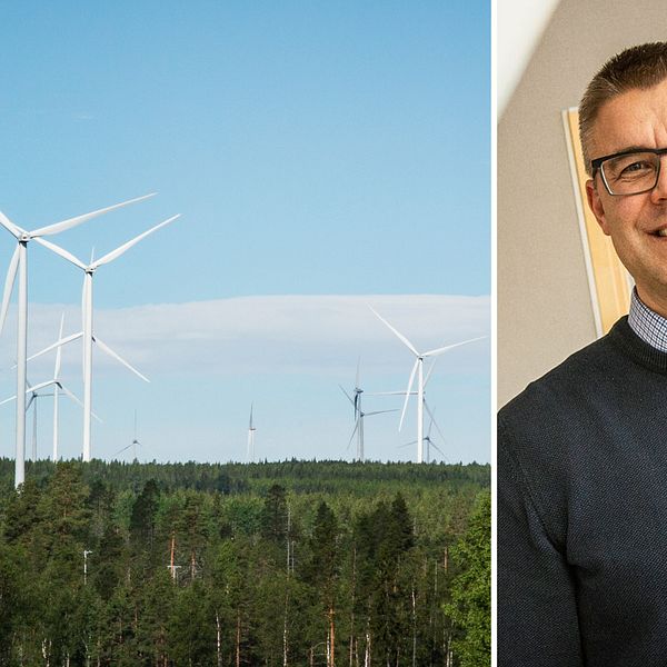Kollage med vindkraftverk som tornar upp över barrskog i norra Sverige. I det övre vänstra hörnet en röd fyrkant med en pratbubbla som har tre prickar. Till höger bild på Fredrik Bäcklund på Svevind, som i klippet intervjuas om vindkraftsbranschens framtid.